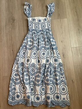 Goodnight Macaroon Blue and White Embroidered Smocked Midi Dress